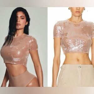 NWOT Alexander Wang SS Ribbed Crewneck Tee w/ Sequins Embroidery L In Flax Taupe